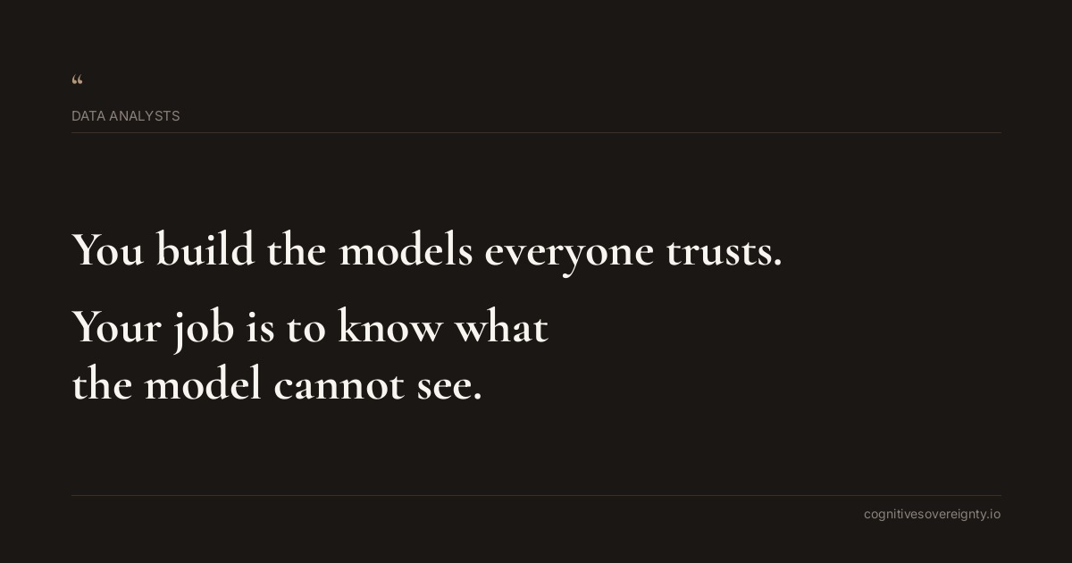 Cognitive sovereignty insight for Data Analysts: a typographic card from Steve Raju