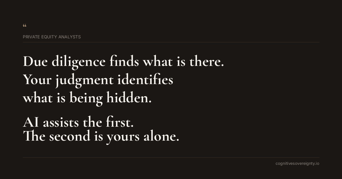 Cognitive sovereignty insight for Private Equity Analysts: a typographic card from Steve Raju