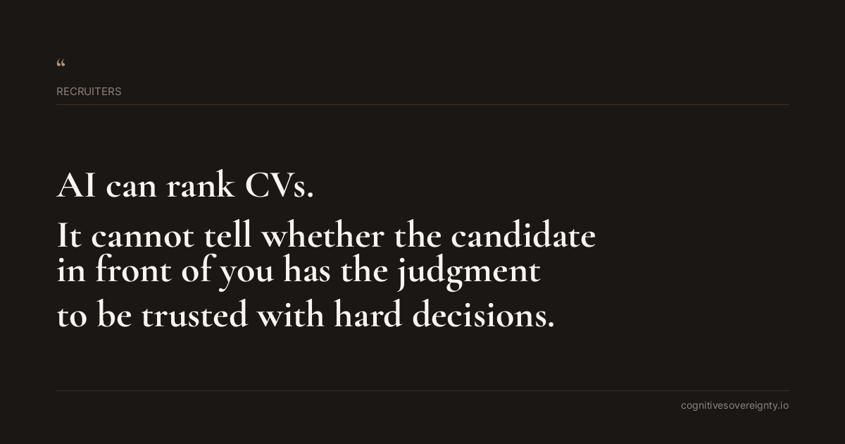 Cognitive sovereignty insight for Recruiters: a typographic card from Steve Raju