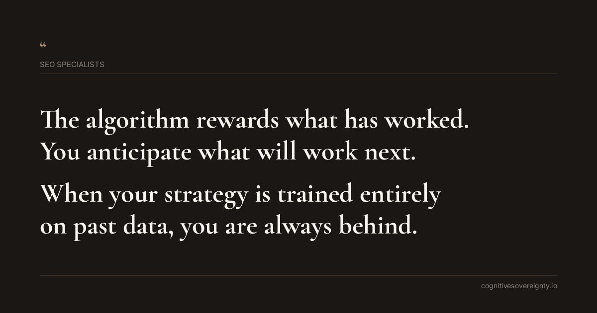 Cognitive sovereignty insight for SEO Specialists: a typographic card from Steve Raju